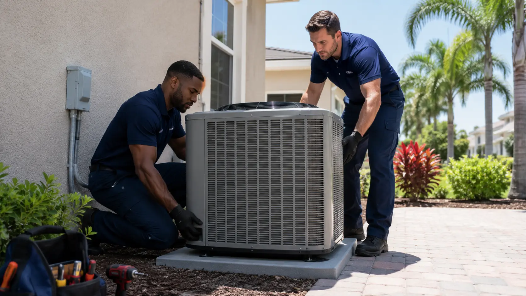 Two HVAC technicians installing a new outdoor condenser at a Florida home