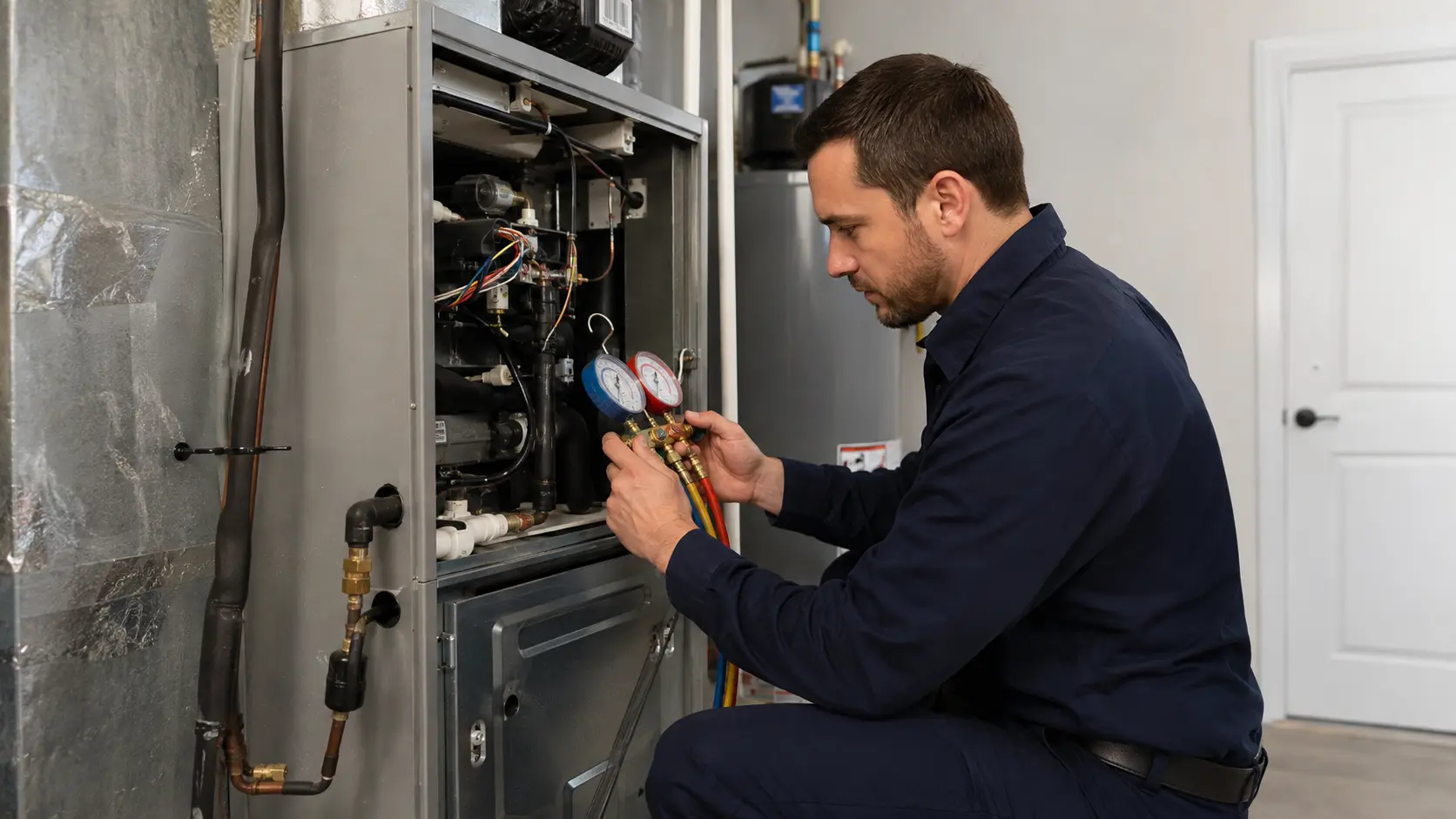HVAC technician inspecting an indoor air handler with manifold gauges in Orlando, FL